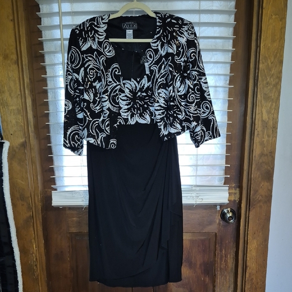 Alex Evenings Black and White Sequined Floral Dress with Jacket